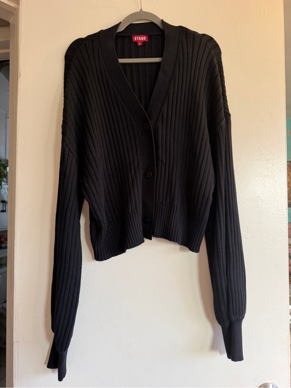 STAUD Black Ribbed V-Neck Button-Front Cardigan